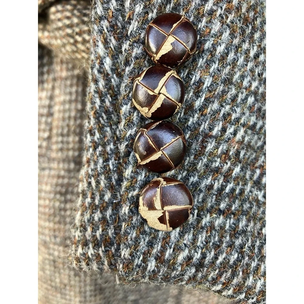 Harris Tweed Vintage Wool Blazer Jacket 40 Oxford Shop Leather Buttons Brown